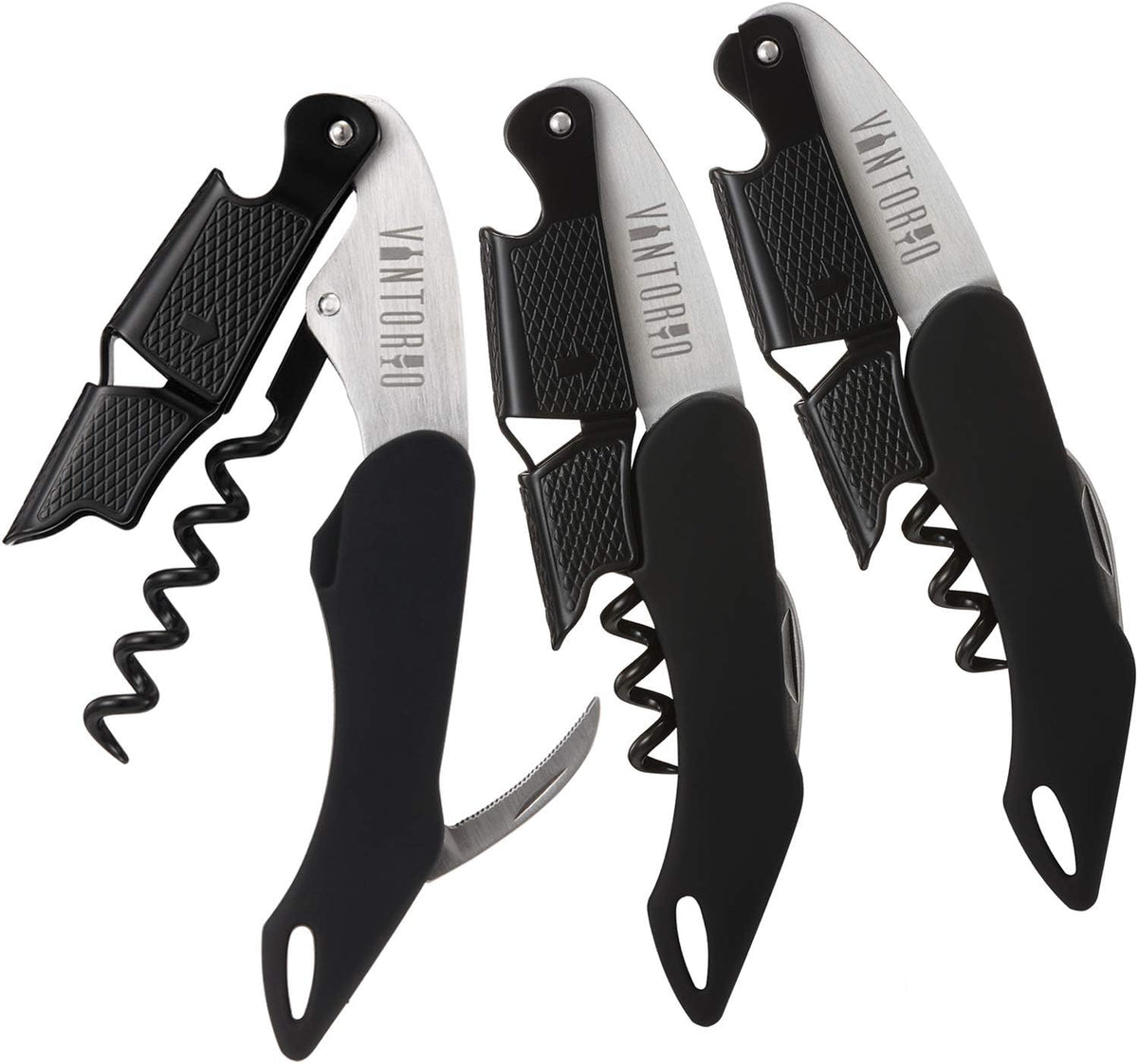 Professional Waiters Corkscrew - Wine Key with Ergonomic Rubber Grip, Beer Bottle Opener and Foil Cutter (3 Pack)