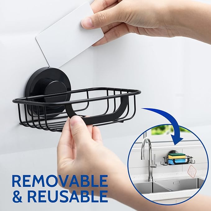 Soap Dish, Soap Bar Holder for Shower Suction Cup with 4 Hooks Wall Mounted, Stainless Steel No-Drilling Removable Waterproof Sponge Holder for Bathroom Bathtub Kitchen Sink, Black