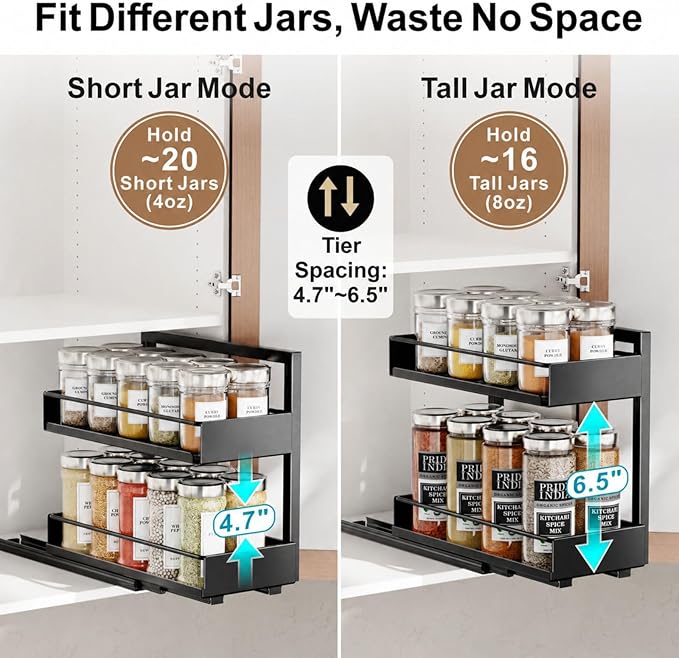 iSPECLE Spice Racks for Inside Cabinet - Peel and Stick No-Drill Vertical Spice Racks for Inside Cabinet Easy Access No Digging, Adjustable Height for 4oz to 8oz Spice Jars, For Kitchen Pantry Cabinet