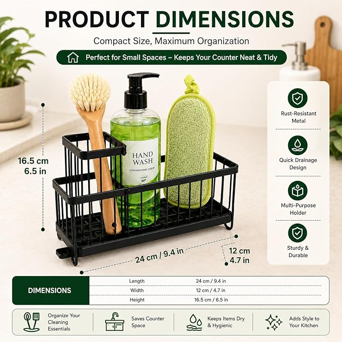 Kitchen Sink Caddy Matte Black, Stainless Steel Sponge Holder with Drainage Tray, Sink Organizer for Sponges, Brushes & Soap, Countertop Storage Rack, 9.4 x 4.7 x 6.5 Inch