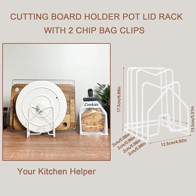 SUNFICON Cutting Board Holder W 2 Chip Bag Clips 304 Stainless Steel Chopping Board Rack Pot Lid Organizer Inside Cabinet Pot Cover Cookie Sheet Bakeware Serving Tray Cooling Rack Stand Kitchen White