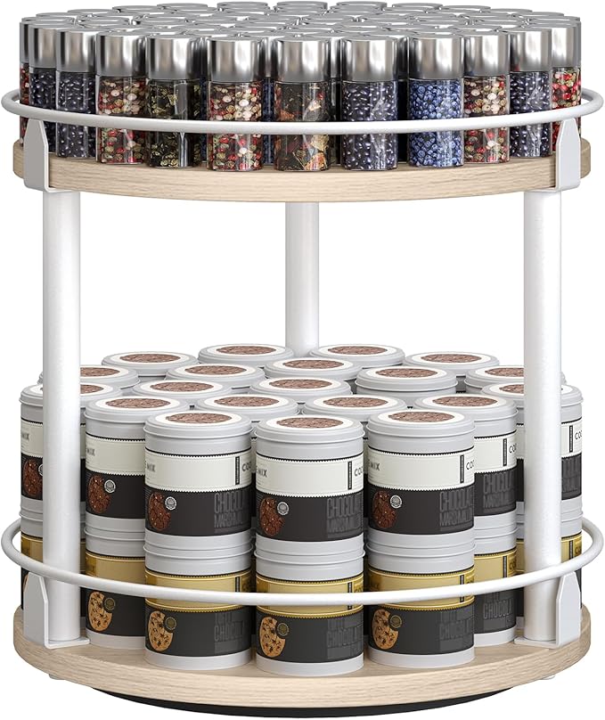 Lazy Susan Organizer, Rotating Spice Rack, White and Light Oak SR22WG