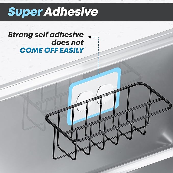 KESOL Adhesive Kitchen Sink Sponge Holder + Dish Cloth Hanger + Soap Holder, 2-in-1 Kitchen Sink Caddy, 304 Stainless Steel Rust Proof, Water Proof, No Drilling (Black)