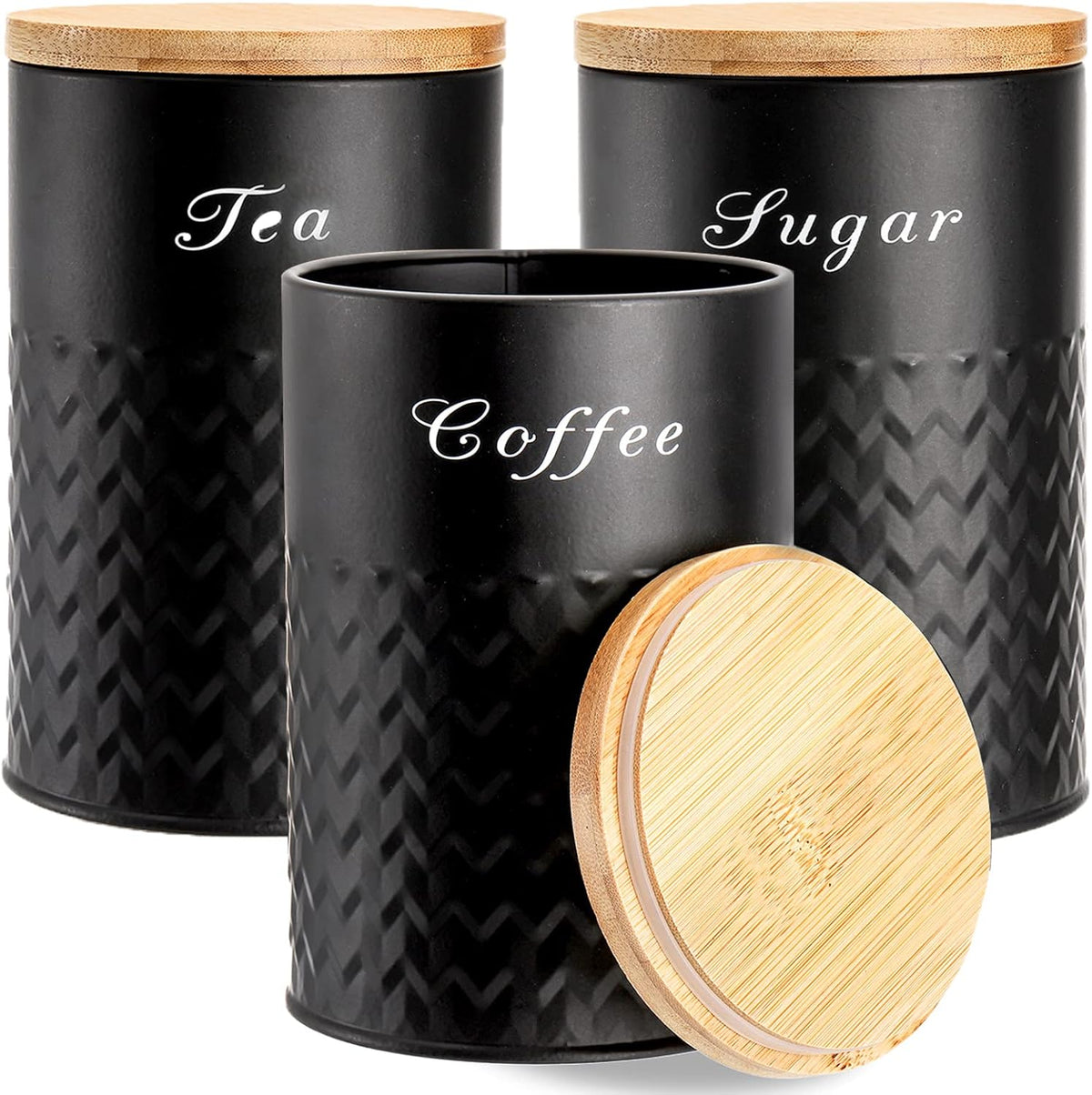 3 Pack Kitchen Canisters with Bamboo Lids, Airtight Metal Canister Set, Food Storage Containers Jars for Coffee, Sugar, Tea, Flour, Rustic Kitchen Decor Containers, Black