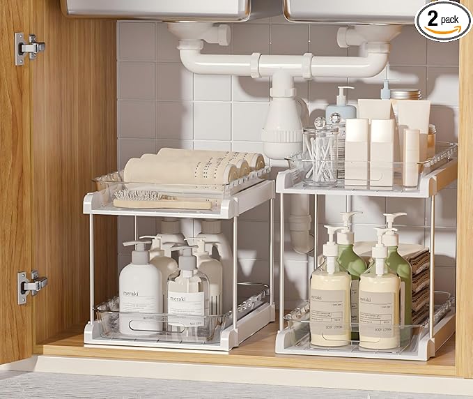 EVERIE 2-Tier Pull Out Under Sink Organizers for Kitchen, Bathroom, Pantry, Counter Top Or Cabinet Organizer, Pack of 2