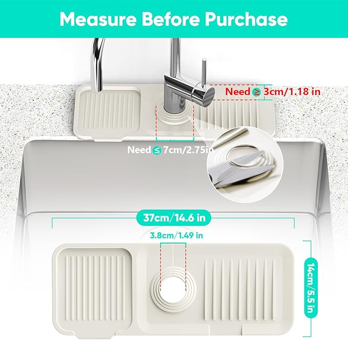 14.6 inch Faucet Mat for Kitchen Sink [5°Slope Fast Self-draining] Faucet Mat Kitchen Sink Splash Guard Silicone Sink Splash Guard Kitchen Sink Area Tidy Splash Faucet Guard Draining Mat-Beige