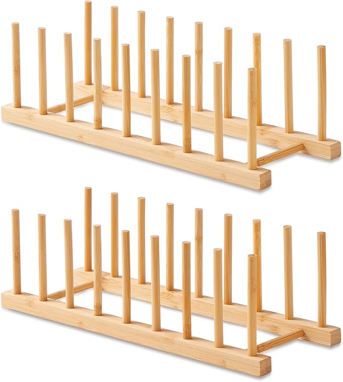 NOVAYEAH 2 Pack Bamboo Wooden Dish Rack-Plate Pot Lid Cutting Board Organizer Holder Rack for Cabinet-Kitchen Cabinet Organizer for Dish, Pots, Lids, Bowls, Bottles, Books, and Puzzle