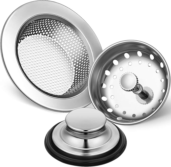 Mudder 3 Pcs Kitchen Sink Drain Strainer and Stopper Stainless Steel Garbage Disposal Plug with Handle Universal Anti-Clogging Kitchen Sink Filter Sieve Basket Strainer(Silver)