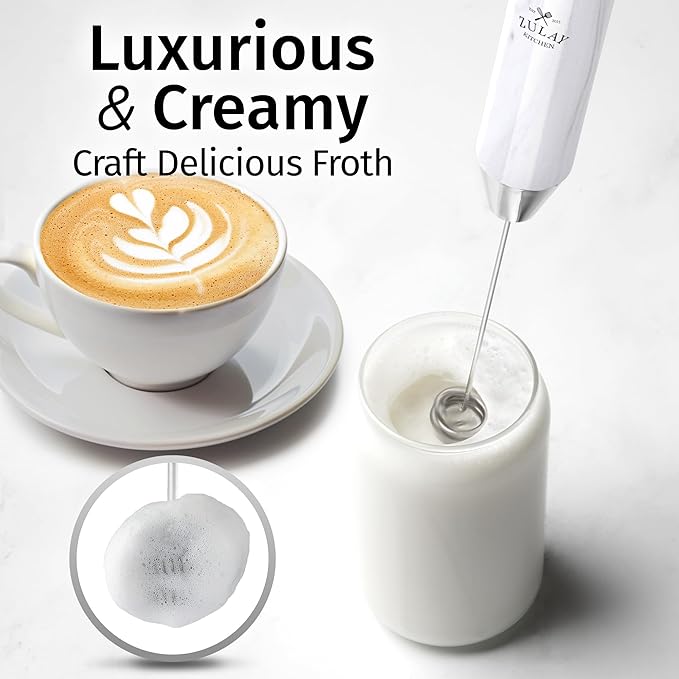 Zulay Kitchen Rechargeable Milk Frother Handheld - Frother Wand, Drink Mixer, Electric Whisk Frother, for Cappuccinos, Matcha & Protein Powder - Lux 4 Whisk 2 Speed Waterproof 2000mAh White Marble