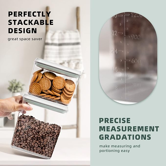 Airtight Food Storage Containers with Lids - 10 PCS Stackable Modular Pantry Organization and Storage Set for Flour, Spaghetti & Cereal - Clear Kitchen Canisters with Measurement Scales