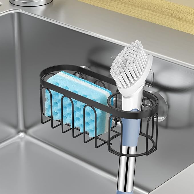 2-in-1 Sponge Holder for Kitchen Sink, Sink Caddy Kitchen Sink Organizer with 3 Suction Cups, No Drill Rustproof Sink Sponge Holder for Dish Brush, Soap & Sponge (Black)