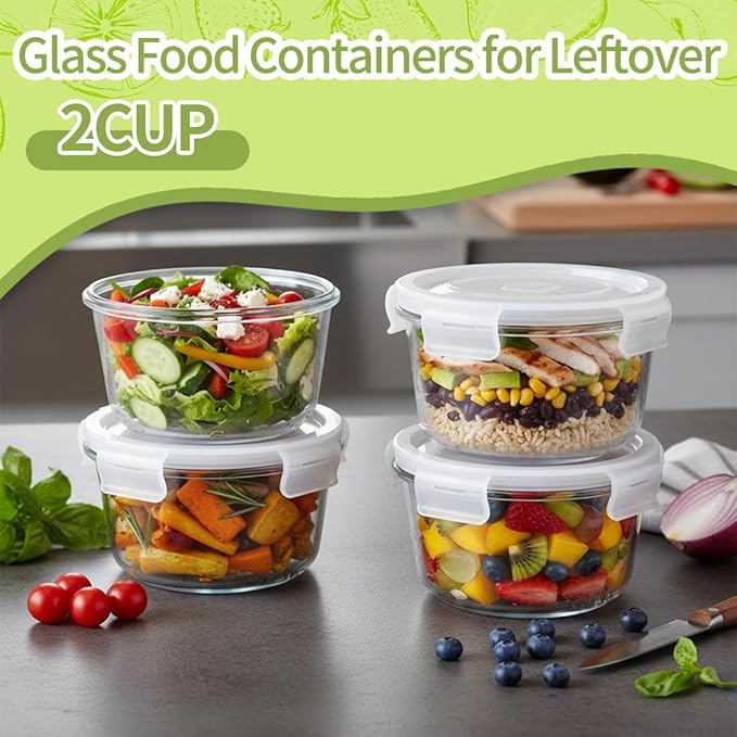 H.JSS WDJS2Cup Glass Soup Container with Airtight lids, 16oz Round Glass Food Storage Container, Round Food Bowls BPA free, Leakproof Soup Container, Dishwasher Microwave & Freezer Safe (8 Pack)