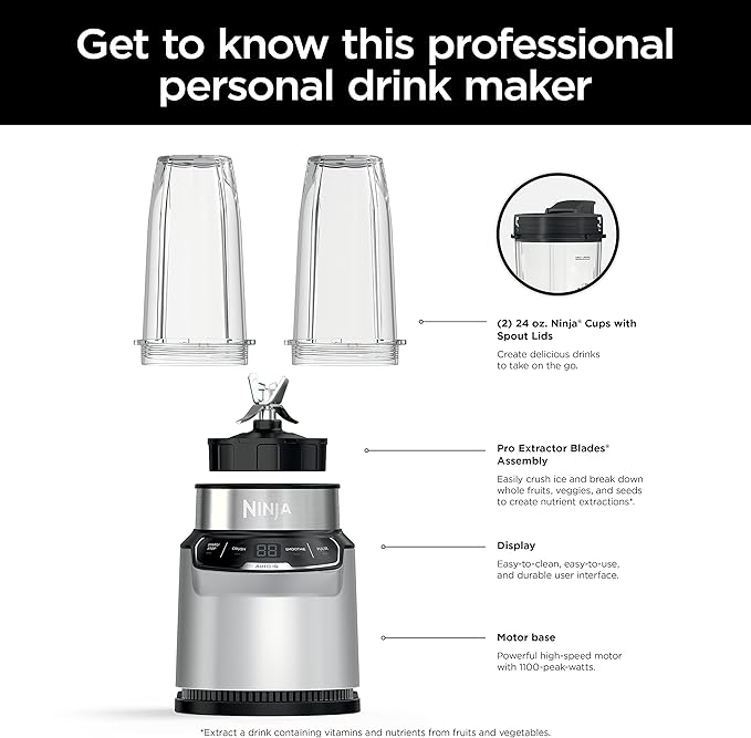 Ninja (Refurbished) (BN401) Nutri Pro with Auto-iQ, 1100-Peak-Watt, Personal Blender, Cloud Silver (Renewed)