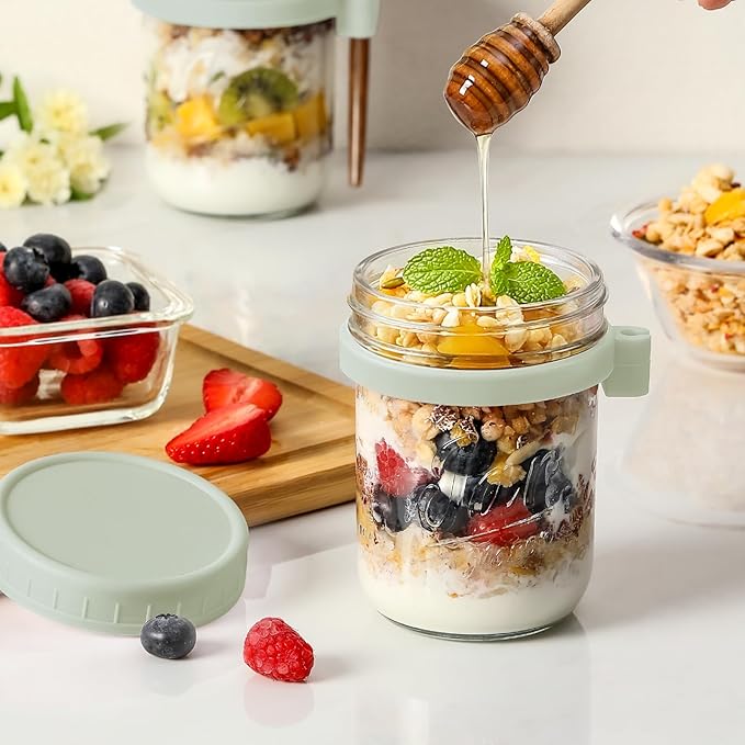 6 Pack Overnight Oats Containers with Lids and Spoons, 16 oz Glass Mason Overnight Oats Jars, Large Capacity Airtight Jars for Milk, Cereal, Fruit(Green)