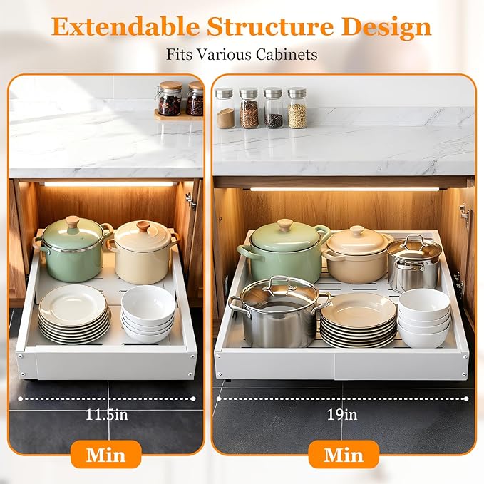 Pull Out Cabinet Organizer for Kitchen,Full Expandable Width 12"-19" Depth 16"-22" Cabinet Drawers Slide Out No Drill Adhesive,Cabinet Pull Out Shelves for Kitchen Pots Pans Spices 2Pack