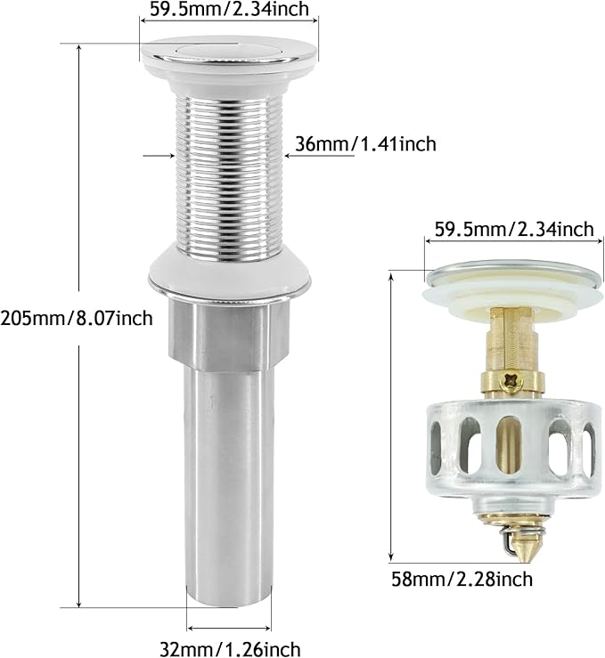 Bathroom Sink Drain,2 Pack Drain Stopper Without Overflow,Small Cap Pop Up Drain Assembly with Detachable Strainer Basket,Built-in Anti-Clogging, Stainless Steel Nut Brushed Nickel