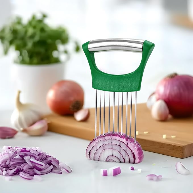 Green Stainless Steel Onion Holder for Slicing,Onion Slicer Holder, Onion Cutter for Slicing of Onions, Tomatoes,Avocados,Eggs and Other Vegetables,St. Patrick's Day Gift Kitchen Utensils (Green)