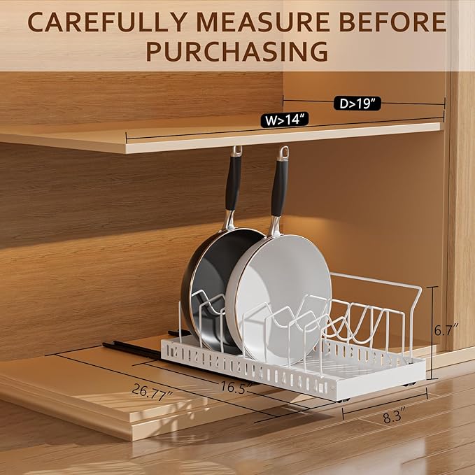 Pull-Out Pots and Pans Organizer, 2 Pack Under Cabinet Pot Lid Holder, Slide Lid Organizers Inside Cabinet, Pot Lid Organizer with 8 Adjustable Dividers & Handle Bracket - White