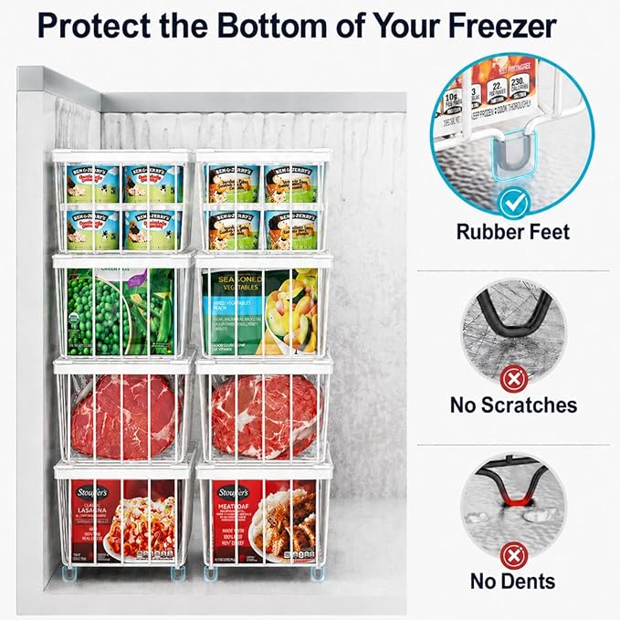 iSPECLE Chest Freezer Organizer Bins - Fits 7 Cu.Ft Deep Freezer, 6 Pack Stackable Wire Baskets(14.7" Length), Heavy Duty Coated Freezer Organizer, Rust Resistant for Frozen Food Sorting, White