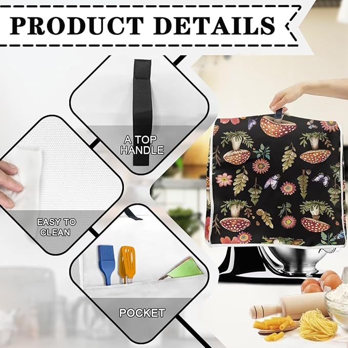 Daisy Mushroom Butterfly Stand Mixer Cover Anti Fingerprint Kitchen Appliance Covers with Top Handle & Storage Pocket Easy-Clean Oil-Resistant Dust Protector for 6-8 Quart Mixers
