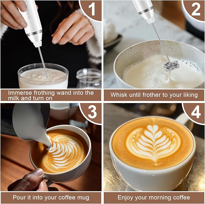 Philorn Milk Frother Wand Handheld Rechargeable Electric Whisk Coffee Drink Mixer, Mini Foamer for Lattes, Cappuccino, Frappe, Matcha, Hot Chocolate, Protein Powder, Keto Diet (White 2 Heads)