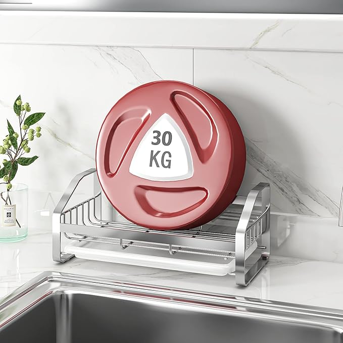 BSKSSK Sink Caddy,Sponge Holder for Kitchen Sink, Kitchen Bathroom Sink Organizer,304 Stainless Steel Kitchen Countertop Organizer Soap Tray with Removable Drain Tray Length Version - Silver
