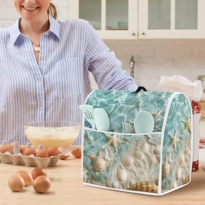 Beach Theme Mixer Dust Cover | Portable Protector with Pocket | Compatible with 6-8 Quart Blenders, Coffee Makers & Juicers | Travel & Moving Convenience Moving