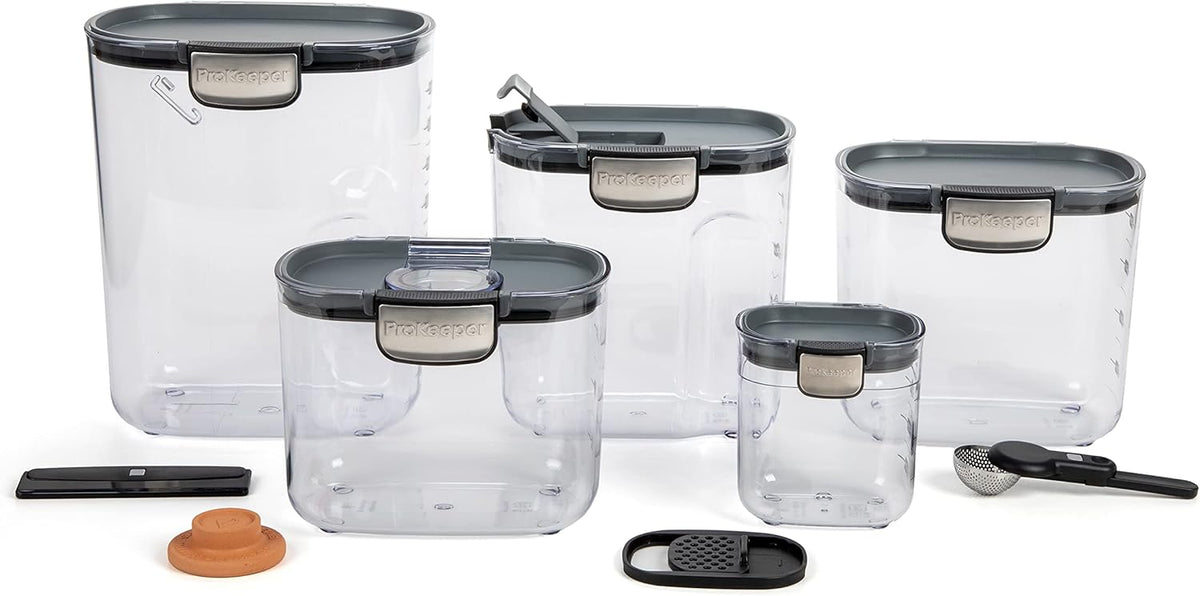 Airtight Food Storage Container Set – Clear Plastic Flour and Sugar Canister Set with Magnetic Accessories for Kitchen Organization (Grey, 9-Piece)