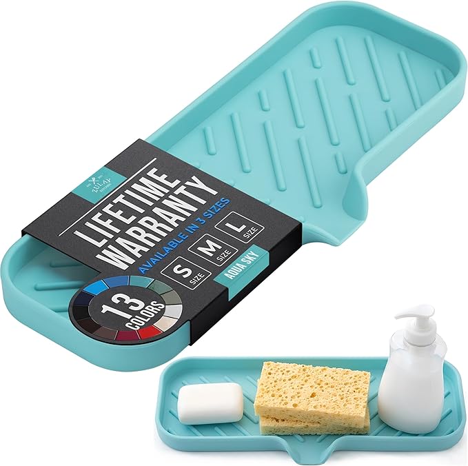 Zulay Kitchen Large Silicone Sponge Holder (12x4) – Flexible Sink Organizer Tray for Kitchen & Bathroom – Multipurpose Soap Dish for Sponges, Makeup, Trinkets & More (Aqua Sky)