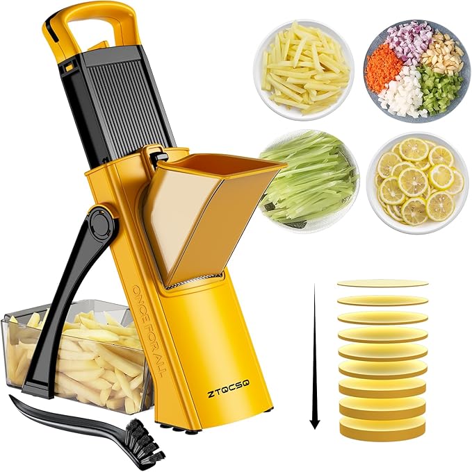 [All in 1] Upgraded Version Safe Mandoline Slicer for Kitchen, Adjustable Thickness. Veggie Slicer, Rapid Prep Mandoline, Detachable Blade, Cleaning Brush (Yellow)