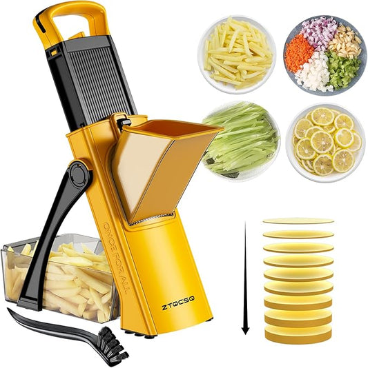 [All in 1] Upgraded Version Safe Mandoline Slicer for Kitchen, Adjustable Thickness. Veggie Slicer, Rapid Prep Mandoline, Detachable Blade, Cleaning Brush (Yellow)