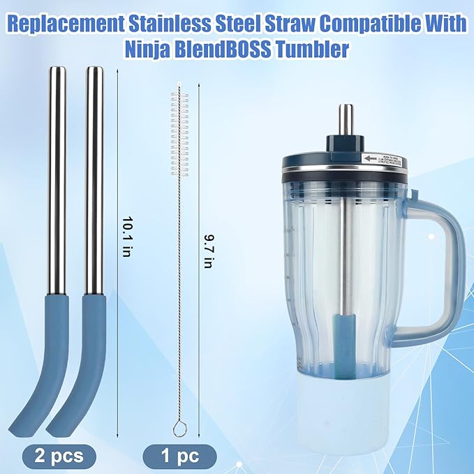 2Pcs Replacement Metal Straws for Ninja BlendBOSS, Reusable Stainless Steel Straw With Cleaning Brush, Compatible With Personal Smoothie Travel Tumbler Smoothies & Frozen Drinks Accessories Parts