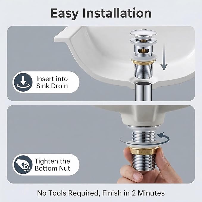 Bathroom Sink Drain, Drain Stopper Bathroom Sink with Overflow, Assembly with Detachable Strainer Basket, Built in Anti Clogging Pop Up Drain Strainer, Stainless Steel Polishing 1Pcs