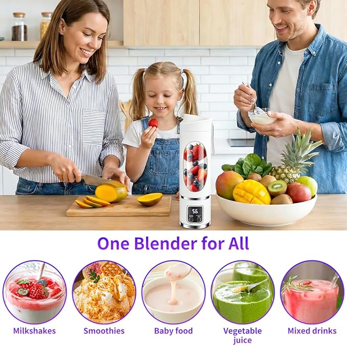 Portable Personal Blender, 500ML Cordless Compact Travel Juicer for Shakes and Smoothies, Small Blenders with Smart time display, Self-cleaning, BPA Free Cup & Lid, 12 blades, USB-C Rechargeable White