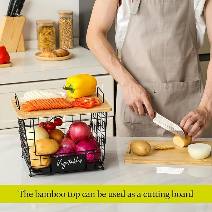 2 Set Large Stackable Wire Basket with Bamboo Tops & Tag- Pantry Organizer
