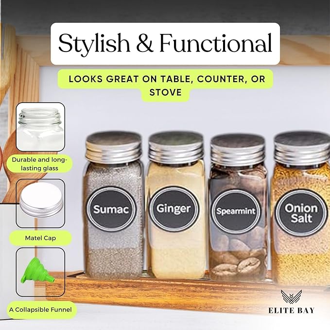 ELITE BAY-Spice Jar Rack with KEEP – 4-Tier Organizer with 28 Empty Bottles, 180 Waterproof Labels (55 Blanks), Funnel &Screws | Space-Saving Spice Storage Set for Kitchen Counter or Cabinet