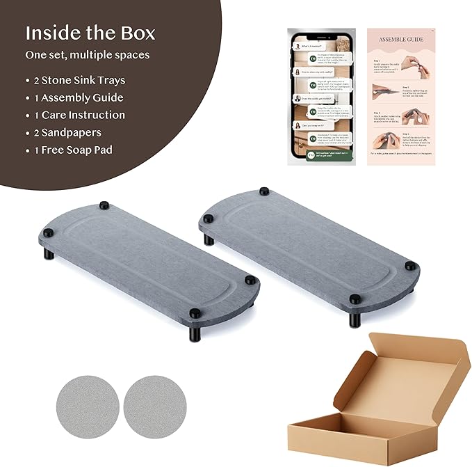 2PCS Water Absorbing Stone Soap Tray for Kitchen Bathroom Sink, Quick Dry Diatomaceous Earth Drying Rack and Shower Caddy, Soap Dispenser and Sponge Holder Organizer for Countertop
