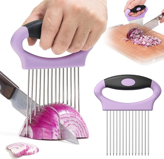Large Onion Holder for Slicing, Stainless Steel Onion Slicer Holder with Protect Cover, Onion Cutter Vegetable Chopper for Slicing of Tomato Avocados, Cool Kitchen Gadgets