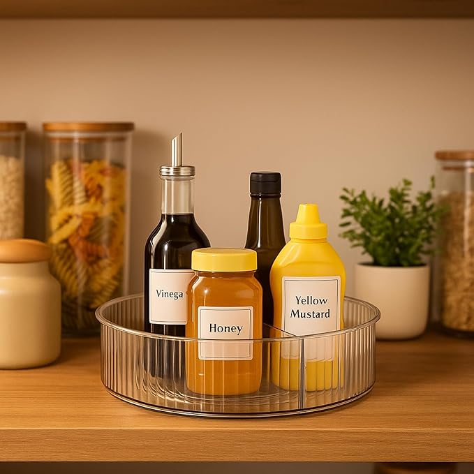 Oggi 12" Divided Fluted Lazy Susan Turntable Organizer – Clear Rotating Cabinet Organizer with Removable Divider for Kitchen, Pantry, Fridge, Bathroom, Spices, Makeup, Perfume & More