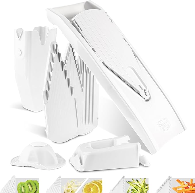 Börner Mandoline Slicer V1 (Professional Set) • V-Slicer with 4 Inserts, Fruit Holder, Docking Station, Box • Adjustable Vegetable Slicer • Cuts into Slices, Strips & Dices • Color: White