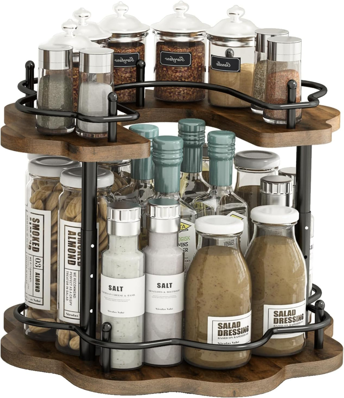 2 Tier Lazy Susan Organizer,2-Tier Spinning Spice Rack with Stable Carousel Base & 4 Height Settings for Cupboard Kitchen Countertop Dining Table Cupboard (Petal Shape)