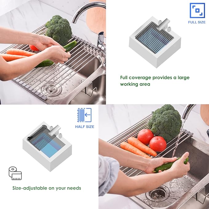Tomorotec Roll Up Dish Drying Rack Over the Sink Grey Large Dish Drying Rack Rolling Foldable Collapsible SUS304 Stainless Steel Multipurpose Dish Drainer for Kitchen Counter (17.8”x15.7”)