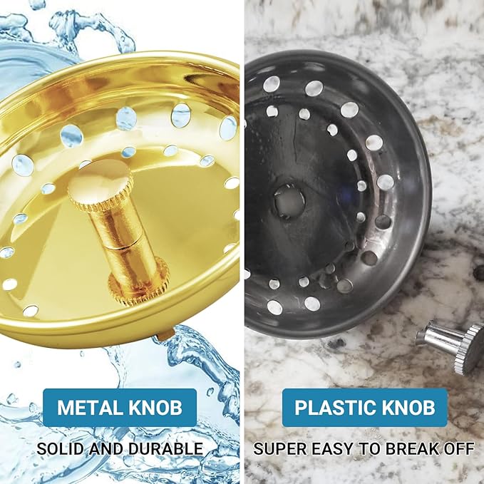 KONE Sink Drain Strainer Gold Sink Stopper and Strainer Stainless Steel Kitchen Sink Strainer Basket Replacement for 3-1/2 Inch Kitchen Sink, with Metal Center Knob and Rubber Drain Stopper