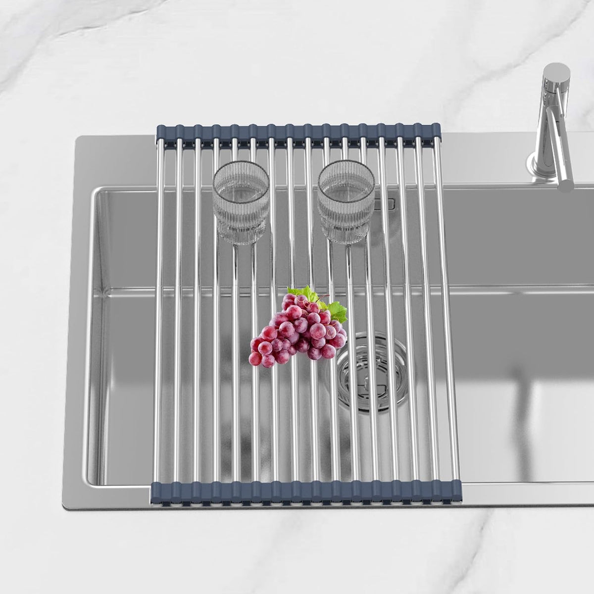 Extra Large Expandable Roll Up Dish Drying Rack,Over The Sink Drying Rack Sink Cover Kitchen Sink Accessories Kitchen Rolling up Stainless Steel Drainer, Foldable,Rollable（Gray，22.8''-12.4''）
