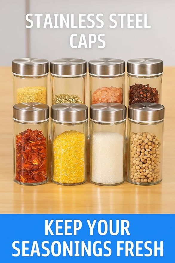 360° Rotating Spice Rack with 16 Glass Jars – Stainless Steel Countertop Seasoning Organizer with Airtight Lids, Labels, Funnel & Gift Box – Kitchen Storage for Herbs & Spices