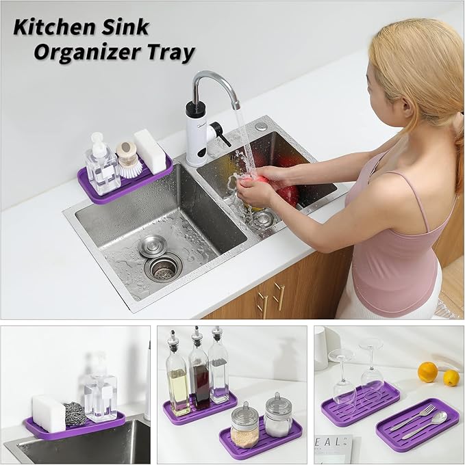MicoYang Silicone Kitchen Sink Organizer Tray for Multiple Usage,Eco-Friendly Sponges Holder for Kitchen Bathroom Counter or Sink,Dish Soap Dispenser,Scrubber,Bottle,Cup (Purple, 10"×5.3")