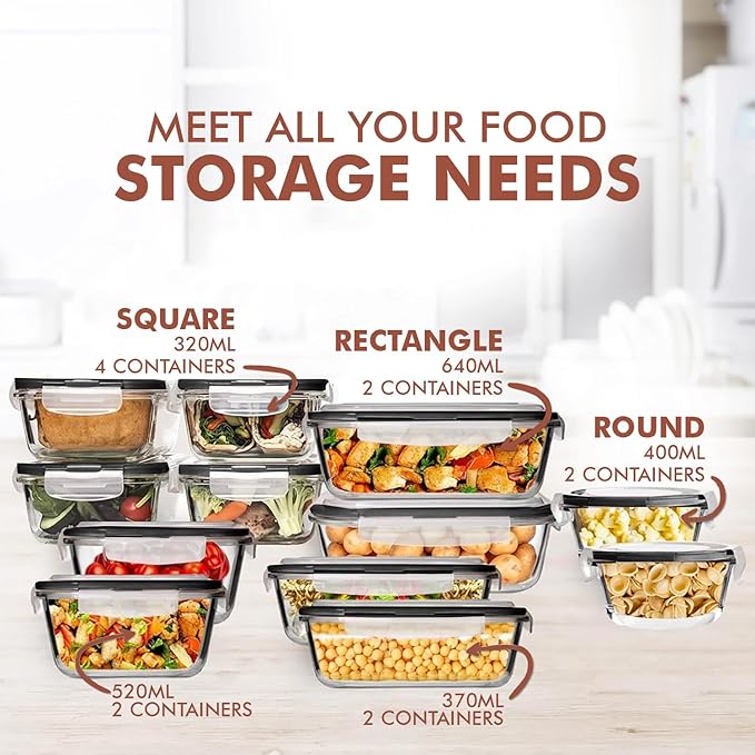 Razab 24 Pc Airtight Glass Food Storage Containers - Glass Meal Prep Containers - Freezer to Oven Safe - Steam Release Valve BPA Free - Airtight Bento Boxes - Leak Proof (12 lids & 12 Containers)
