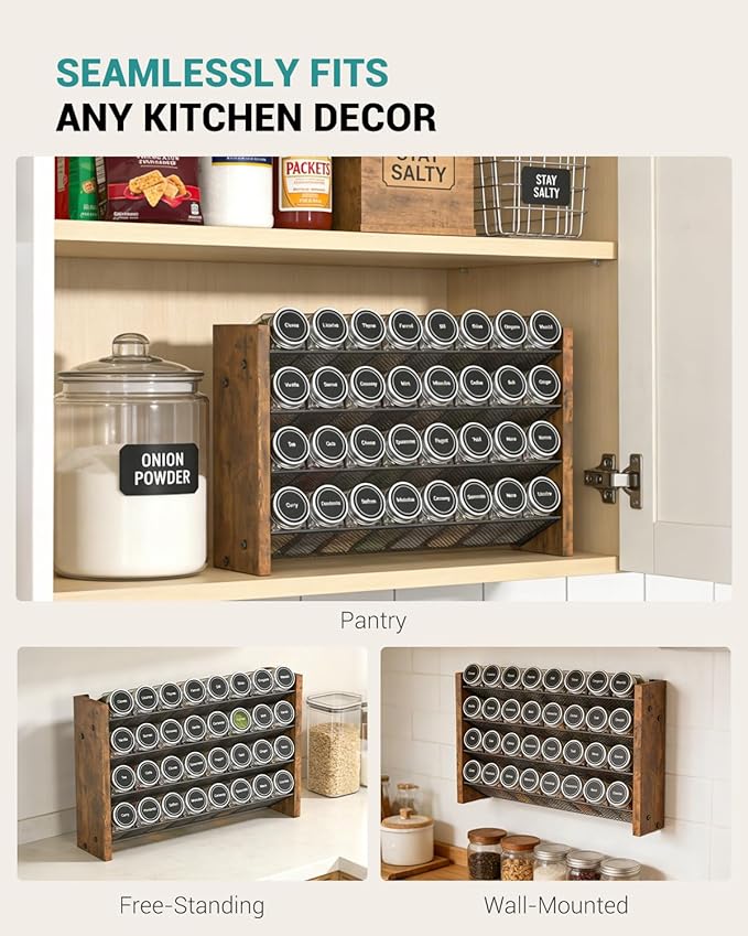 NESAPTO Spice Rack Organizer for Cabinet, Wood 4-Tier Vertical Seasoning Organizer, Wall Mount or Countertop Spice Shelf, Holds 32 Jars (No Jars Included), 15.7" W x 9.4" H