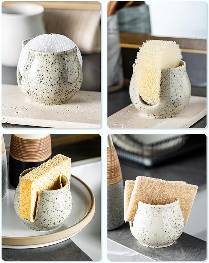 Zoeeker Sponge Holder for Kitchen Sink, Ceramic Dish Sponge Dish Rack Scrubby Caddy Kitchen Organizer Cute Sink Caddy Organizer, Farmhouse Decor, Speckled Glaze