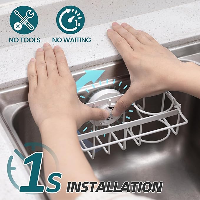 TAILI 4-in-1 Sink Caddy with Strong Suction Cup, Sponge Holder for Kitchen Sink Organizer, Removable, Rustproof, Stainless Steel Holder for Sponge, Brush, Scrubber, Scraper - White